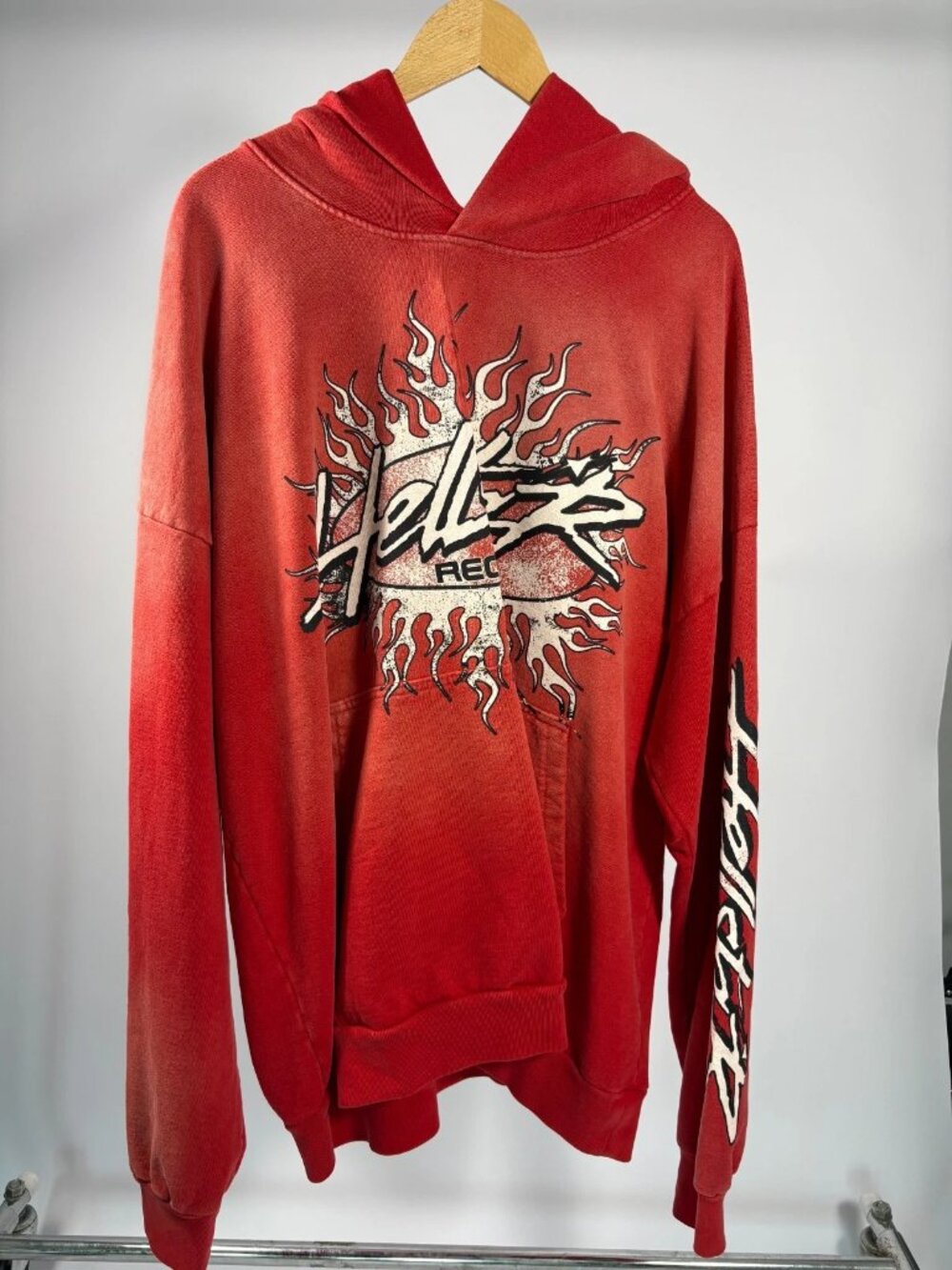 WORN Hellstar Mens Studios Records Hooded Sweatshirt Washed Red Size XXL